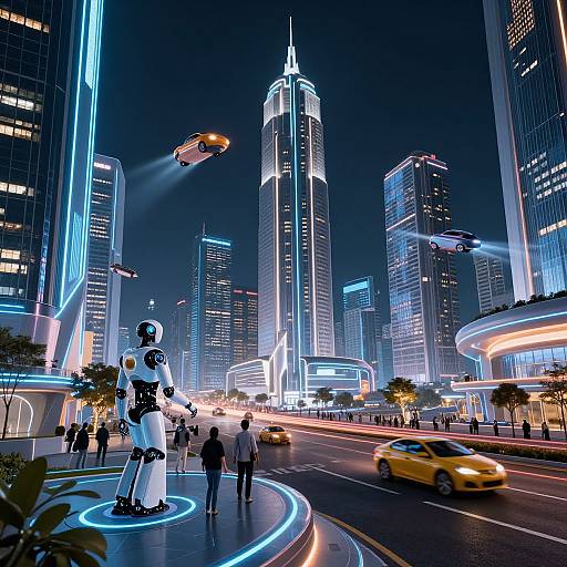 Neon-lit futuristic cityscape with towering skyscrapers, flying car, robotic figure, and people on a glowing curved road, illuminated by vibrant