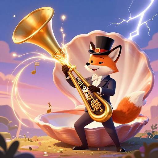 Digital illustration of a fox in a tuxedo and top hat playing a golden trombone, with lightning and musical notes, standing in a large se