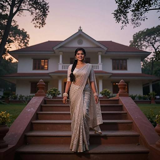 Photograph of a smiling Indian woman with long black hair in a silver saree standing on red steps in front of a large, white, colonial-style