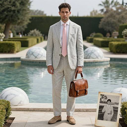 Photograph of a handsome man in a light gray suit, pink tie, and brown leather briefcase, standing by a luxurious pool with spherical fountains