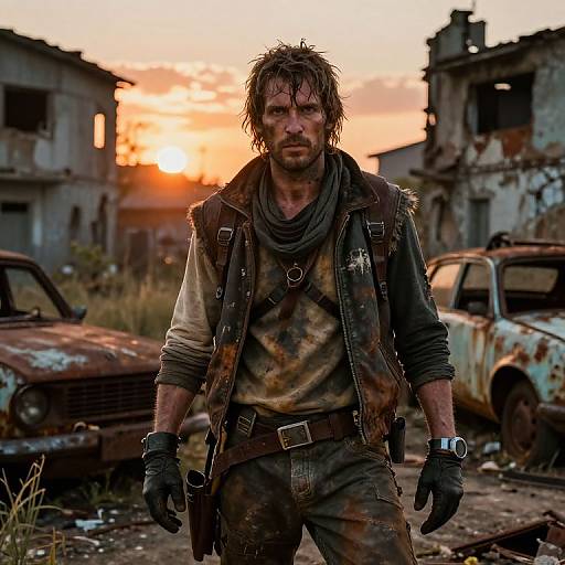 Photograph of a rugged, dirty-haired man with intense gaze, wearing a stained leather vest and gloves, standing in a ruined, sunlit, abandoned