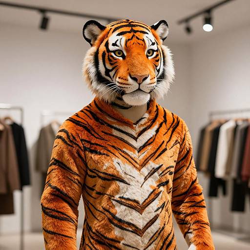 Photorealistic CGI of a human-like tiger standing in a brightly lit clothing store, wearing a full-body tiger fur suit, with blurred clothing racks in
