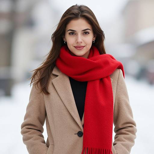 Photograph of a young woman with long brown hair, light skin, wearing a beige coat and bright red scarf, standing outdoors with a blurred snowy background