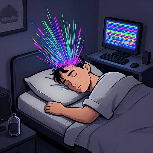 Digital illustration of a sleeping man with colorful, neon-purple and blue spikes emanating from his head, in a dimly lit bedroom with a computer displaying