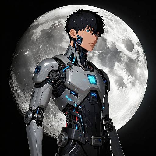 Digital anime-style drawing of a black-haired, blue-eyed young man in futuristic black and silver armor, standing in front of a glowing full moon.