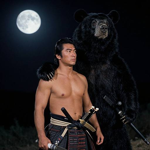 Photograph of a shirtless Asian man in traditional warrior attire, standing beside a large black bear, under a full moon.