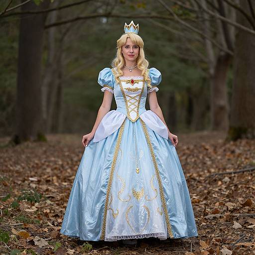 Photograph of a blonde woman in a blue, gold-trimmed princess dress with puffed sleeves, wearing a crown, standing in a forest with
