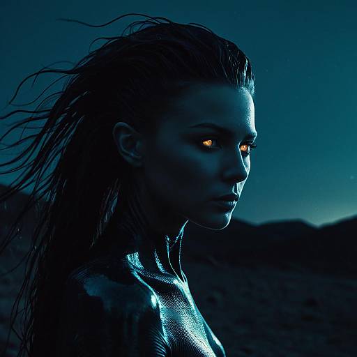 Alien Woman with Glowing Eyes at Dusk