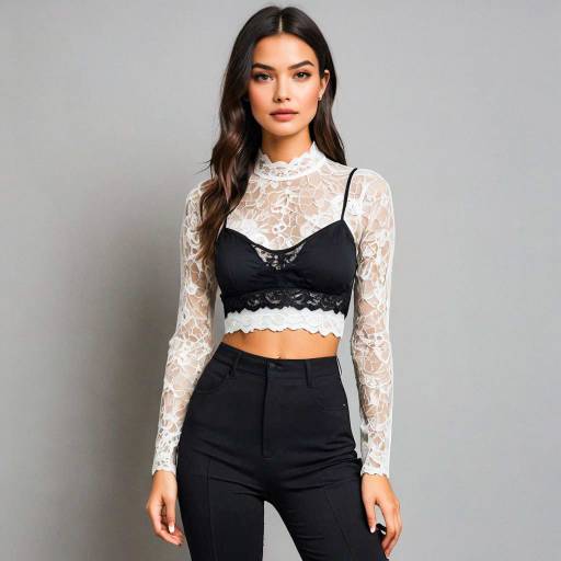 Young Woman in Black Lace Bralette and Sheer Mesh Top