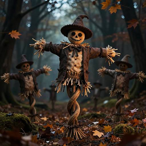 Photograph of three scarecrows with stitched faces, tattered clothes, and witch hats, standing in a dark, autumn forest with falling leaves.