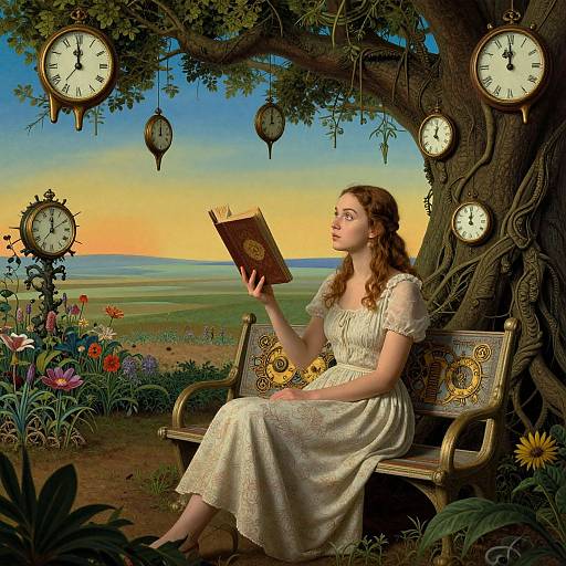 Dreamy illustration of a fair-skinned, red-haired woman in a white dress, reading under a tree with floating clocks, surrounded by vibrant flowers and