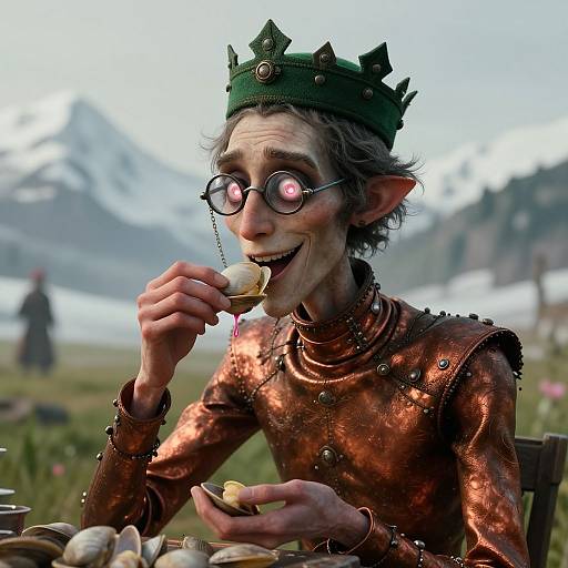 CGI fantasy image of a mischievous, thin, elf-like character with green crown, pink glowing eyes, copper armor, eating a pastry outdoors