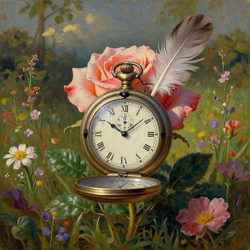 Vintage pocket watch with pink rose and white feather, surrounded by colorful wildflowers, set in a lush, dreamy garden scene.