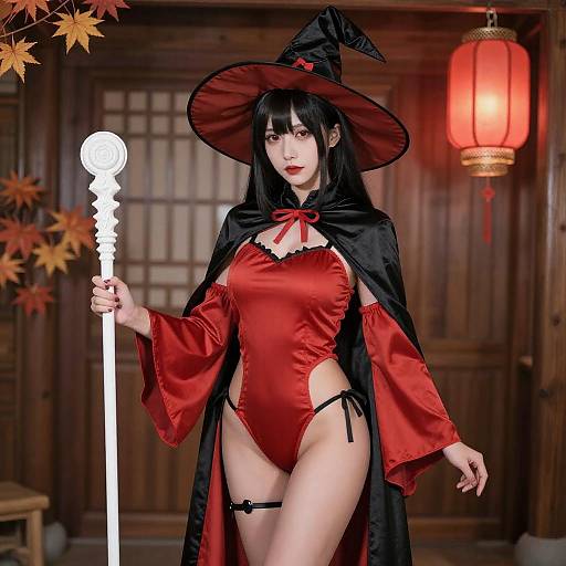 Asian Witch in Vibrant Red Costume
