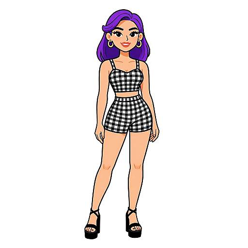 Digital drawing of a confident woman with purple hair, wearing a black-and-white checkered crop top and high-waisted shorts, black heels, and