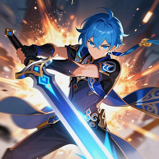 Anime-style digital drawing of a blue-haired, blue-eyed warrior with glowing sword, black outfit, and dynamic explosion background, poised for battle.
