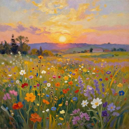 Vibrant oil painting of a colorful meadow at sunset, with a bright orange sun, lush greenery, and a variety of blooming flowers