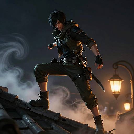 Digital art of a dark-haired, muscular man in black leather and cargo pants, crouching on a rooftop at night, with glowing lanterns and