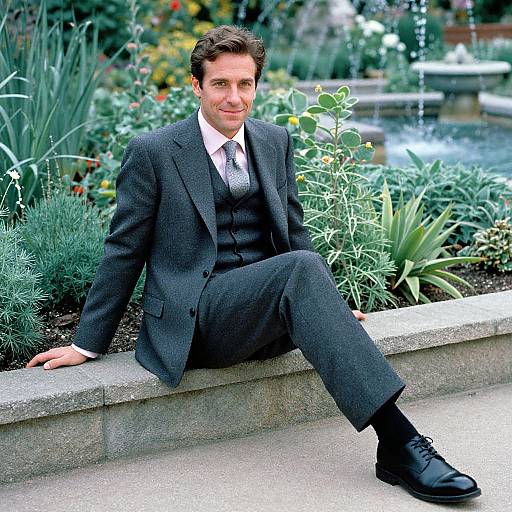 Photograph of a handsome Caucasian man with dark brown hair, wearing a black suit, white shirt, and patterned tie, sitting on a stone bench