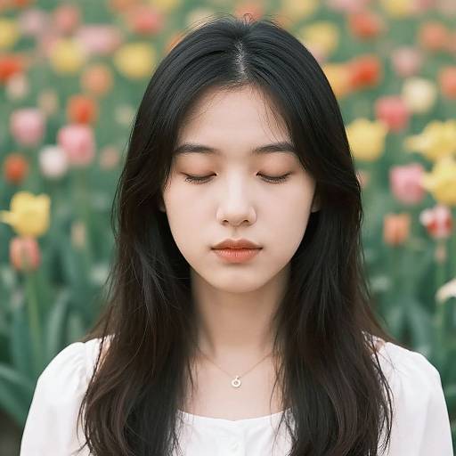 Photograph of a serene Asian woman with long black hair, closed eyes, and white top, standing in a vibrant flower field.