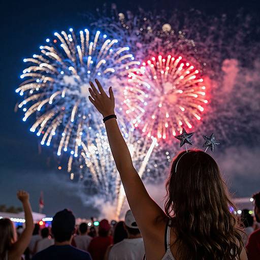 Photograph of a woman with wavy brown hair, wearing a star headband, raising her arm towards vibrant blue, red, and white fireworks at