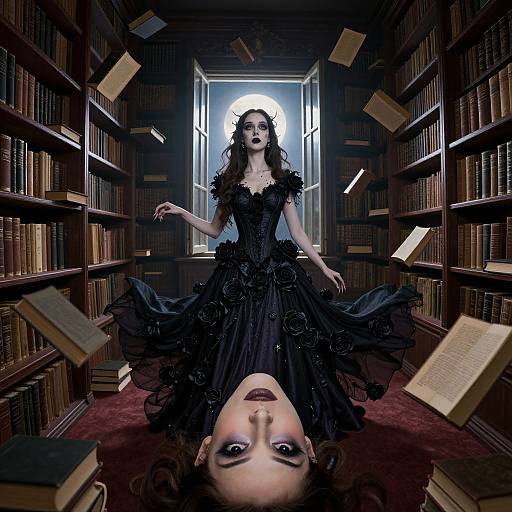 Photograph of a pale, dark-haired woman in a black, ruffled gothic dress, standing in a library with floating books, while a face
