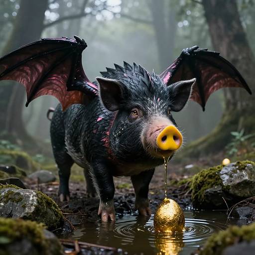 Digital art: Fantasy pig with dark fur, bat wings, and a yellow snout, standing in a misty forest, dripping water onto a glowing