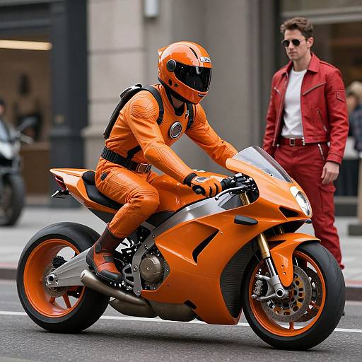 Photograph of a motorcyclist in bright orange racing suit and helmet, riding an orange sportbike, with a man in a red jacket and sunglasses