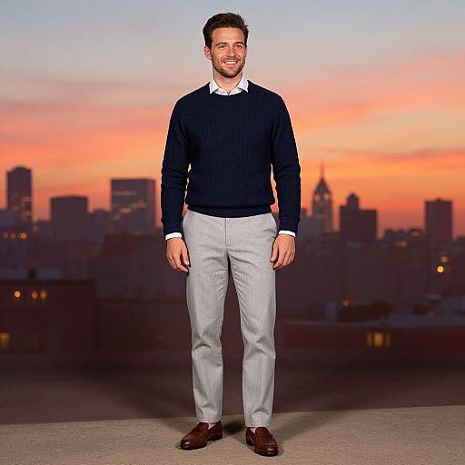Photograph of a smiling man with short dark hair, wearing a navy sweater, white shirt, light gray pants, and brown shoes, standing against a