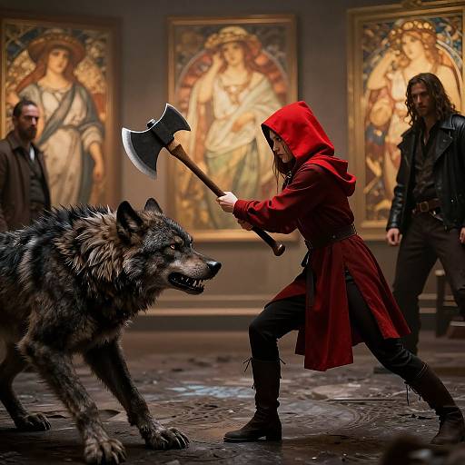 Digital fantasy artwork of a hooded figure in a red cloak, wielding an axe, preparing to strike a fierce, snarling wolf. Background: