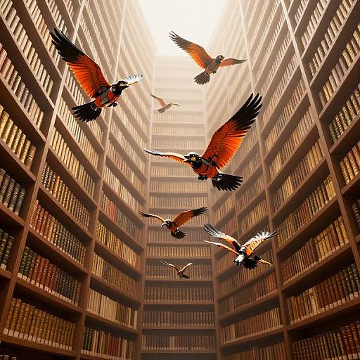 Infinite Bookshelf with Mechanical Birds
