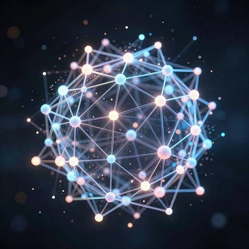 Digital artwork of a glowing, interconnected 3D network sphere with white and blue nodes against a dark, starry background.