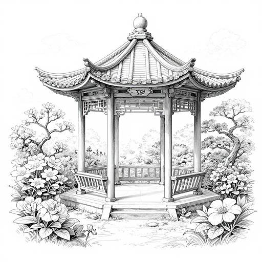Grayscale Japanese Garden Pavilion
