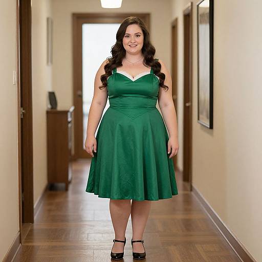 Photograph of a smiling, curvy woman with long brown hair in a green, V-neck, sleeveless dress, standing in a wooden-flo