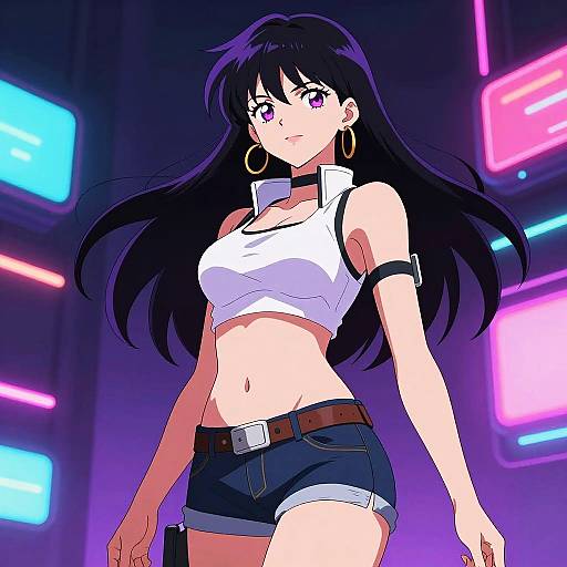 Confident Anime Woman in Neon Futuristic Setting