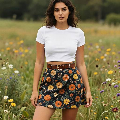 Woman in Floral Skirt and White Crop Top in Meadow