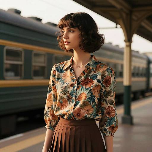 Photograph of a young woman with wavy brown hair, wearing a floral blouse and brown skirt, standing on a sunlit train platform, with a