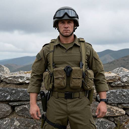 Photograph of a serious male soldier in olive-green uniform, tactical gear, and helmet, standing in front of a stone wall with mountains and cloudy sky