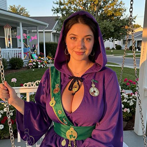 Photograph of a smiling woman with fair skin, dark hair, and large breasts, dressed in a purple hooded costume with green trim, holding a