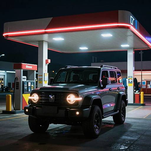 Photograph of a black Jeep Wrangler with illuminated headlights parked at a brightly lit, neon-red illuminated gas station at night.