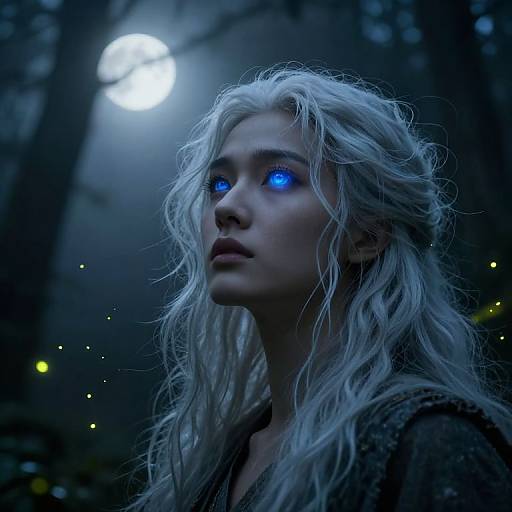 Digital art of a white-haired woman with glowing blue eyes, standing in a dark forest under a full moon. Her ethereal appearance is highlighted by soft