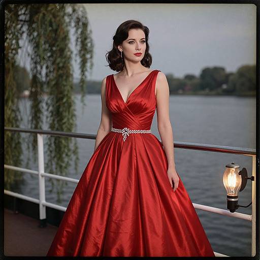 Photograph of a fair-skinned woman with dark wavy hair, wearing a vibrant red, V-neck, satin ball gown with a sparkling belt,