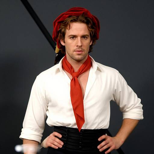 Photograph of a handsome white man with wavy brown hair, wearing a red beret, white shirt, red scarf, and black pants, standing