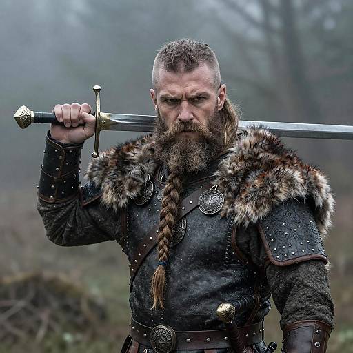 Intense Viking Warrior in Foggy Forest