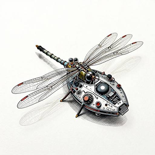 Digital art of a steampunk dragonfly with intricate mechanical wings, colorful gears, and a metallic body against a white background.