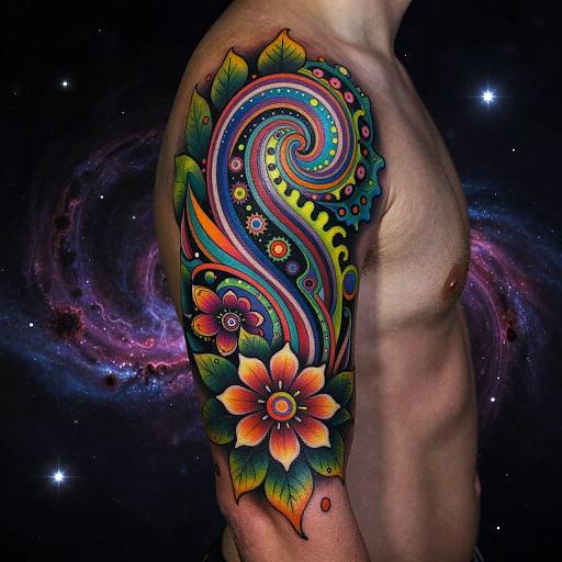 Colorful, intricate tattoo of swirling patterns, flowers, and leaves on a shirtless male's upper arm, set against a cosmic galaxy background.