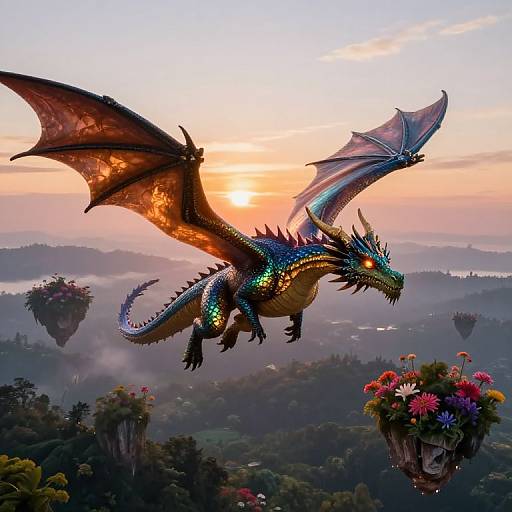 Digital art: Vibrant, glowing blue dragon with fiery orange wings soaring over a misty, colorful forest landscape at sunrise. Flowers in hanging baskets below