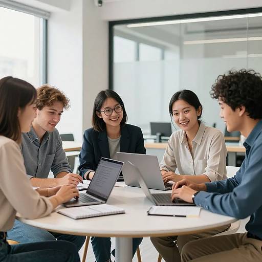Photograph of five diverse, smiling professionals, three women and two men, seated around a white table in a modern office, working on laptops.