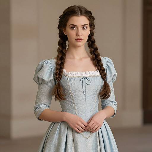 Photorealistic CGI of a young woman with braided brown hair, wearing a light blue, puffed-sleeve, 18th-century-style
