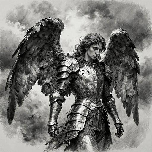 Monochrome digital drawing of a serious, armored angel with large, detailed black wings, standing against a cloudy sky background.